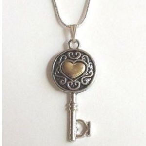 Two Tone Silver Gold Key Heart Necklace Vintage Victorian Style 22" Chain